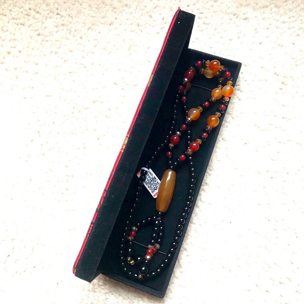 Vintage Beaded Long Agate Necklace with Natural Stones NWT IN BOX